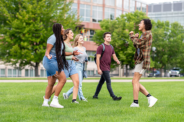 Students walking together on Palmer Field