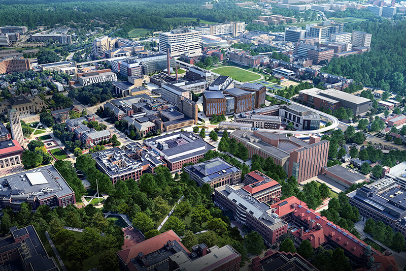 A rendering of the central campus in the future with a monorail track