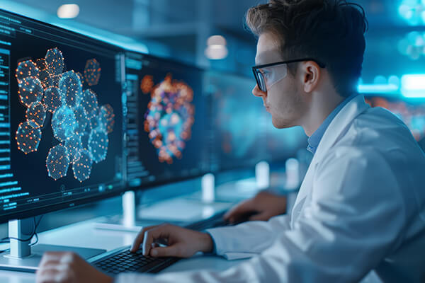 A researcher looking at scientific images on a monitor